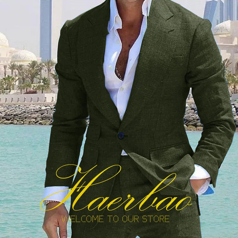 Smoking de marié de mariage imbibé de lin pour hommes, veste à revers formelle, blazer sur mesure, pantalon de mode, bleu d'été, ensemble de 2