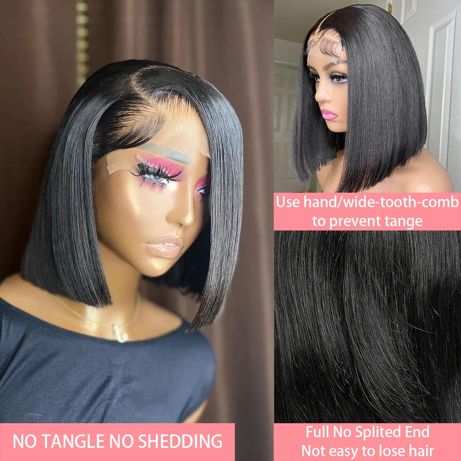 Perruques Lace Frontal 13x4 ultra-lisses, coupe courte bob, pré-épilées, avec dentelle transparente 4x4, 100% cheveux humains brésiliens, 12, 14, 16 pouces