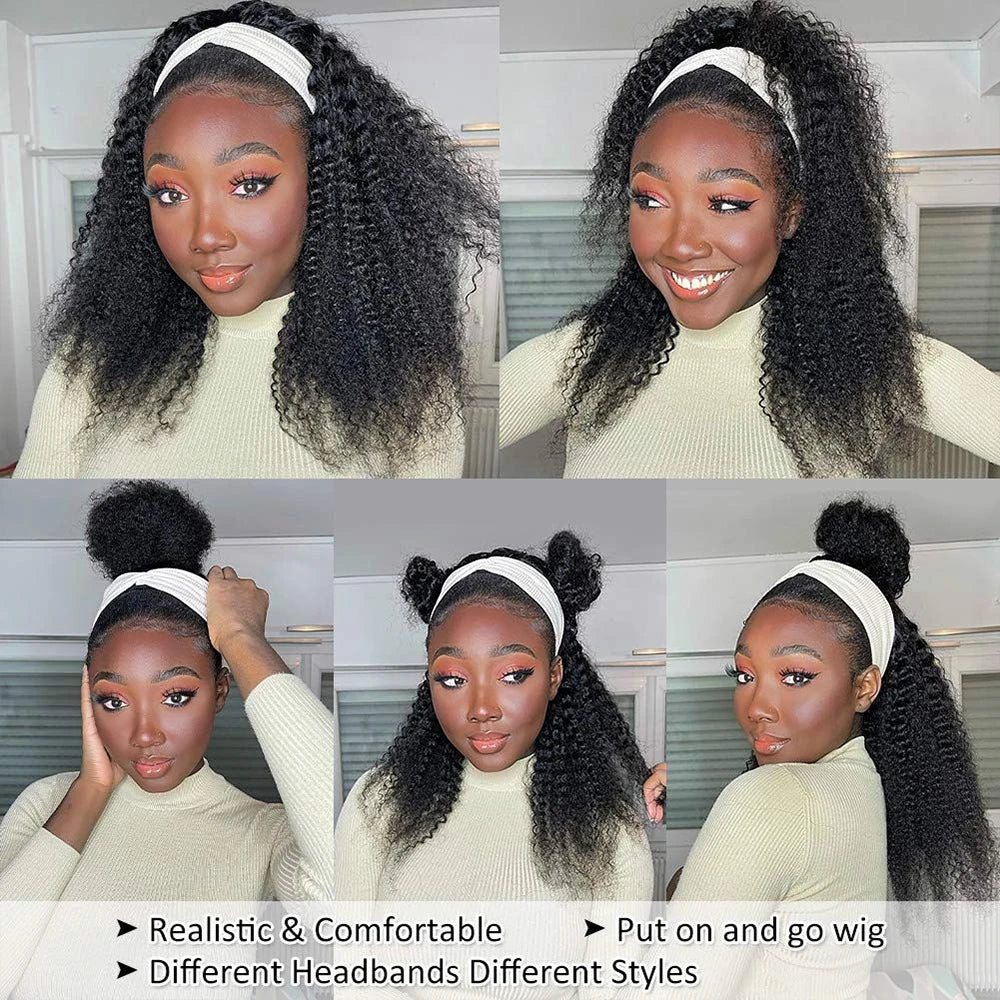 Perruque bandeau 180% de densité, cheveux humains afro crépus bouclés, sans colle, entièrement fabriquée à la machine, cheveux brésiliens Remy 100% humains pour femmes