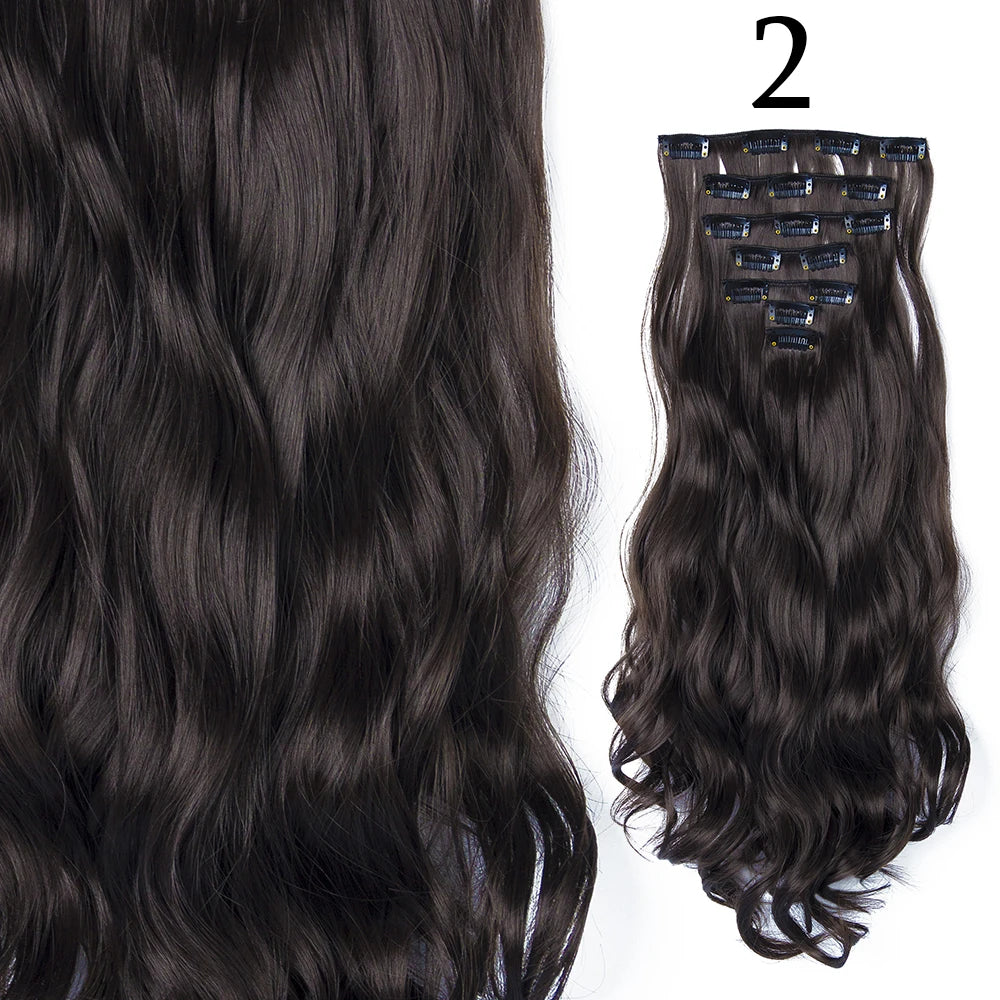 Extensions de Cheveux Synthétiques Longs et Lisses, Postiches Blondes Noires, Degré de Chaleur, Faux Cheveux, 24 Pouces, 16 Clips