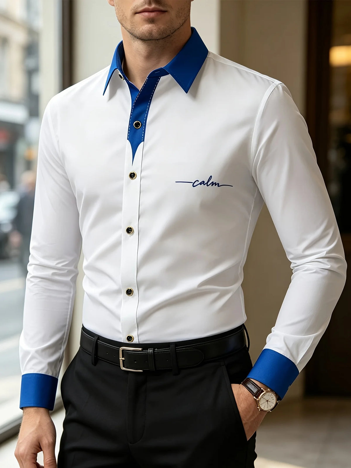 Chemise Homme FGKKS – Nouvelle Collection Imprimée Tendance, Style Décontracté Chic, Manches Longues, Patchwork, Micro-Élastique, Blanche