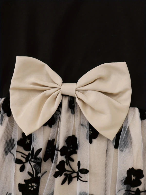 Printemps automne infantile enfant en bas âge filles col rond manches volantes épissure fleur imprimé Tulle tenue décontractée pour bébé filles