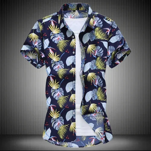 Chemise imprimée pour hommes, chemises de plage à manches courtes col carré simple boutonnage noir violet Camisa taille asiatique M-7XL