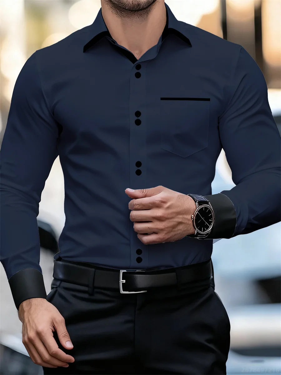 Chemise à manches longues à col bloc de couleur pour hommes d'affaires, coupe ajustée, sans plis, chemise Patchwork noir et blanc, haut tendance pour hommes