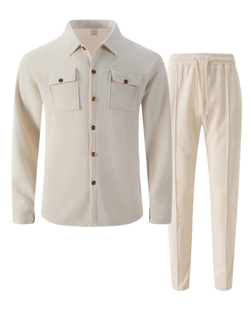Ensemble chemise et pantalon cardigan boutonné à double poche, gaufré, manches longues, couleur unie, nouveau style d'automne