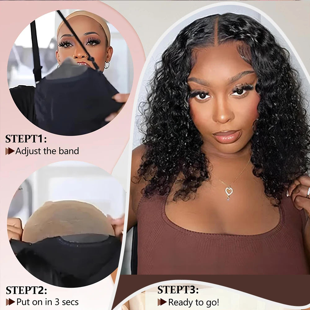 Perruque Bob sans colle Vrbest Deep Wave Wear And Go pour femmes, prête à porter, en cheveux humains, avec fermeture en dentelle 4x4, 100% cheveux humains