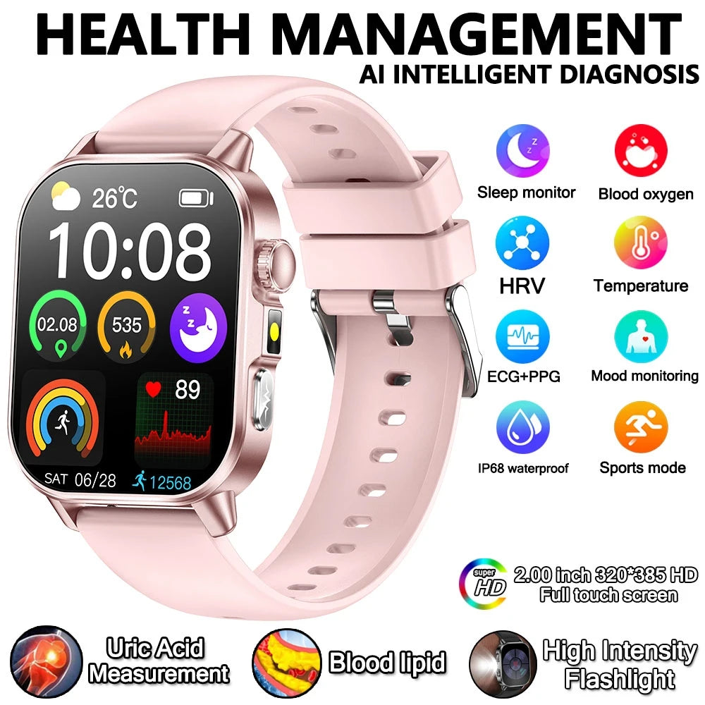Montre connectée pour hommes et femmes, nouveau modèle d'analyse de la santé des acides uriques et des lipides, ECG + PPG, appel Bluetooth, lampe de poche 2026 pouces, 2.021