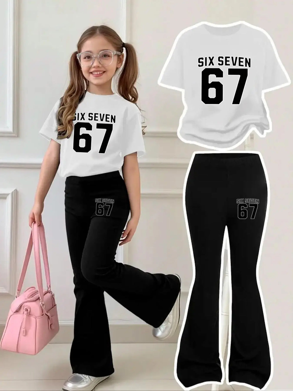 Vêtements pour enfants, ensemble à manches courtes pour filles de 4 à 12 ans, rose et noir, style doux et cool, ensemble pantalon évasé à manches courtes avec imprimé 67 Six Seven, pantalon et haut à manches courtes a