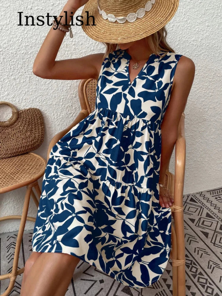 Femmes Boho imprimé Mini robe été élégant sans manches col en V à volants une ligne débardeur décontracté ample surdimensionné plage fête robe d'été