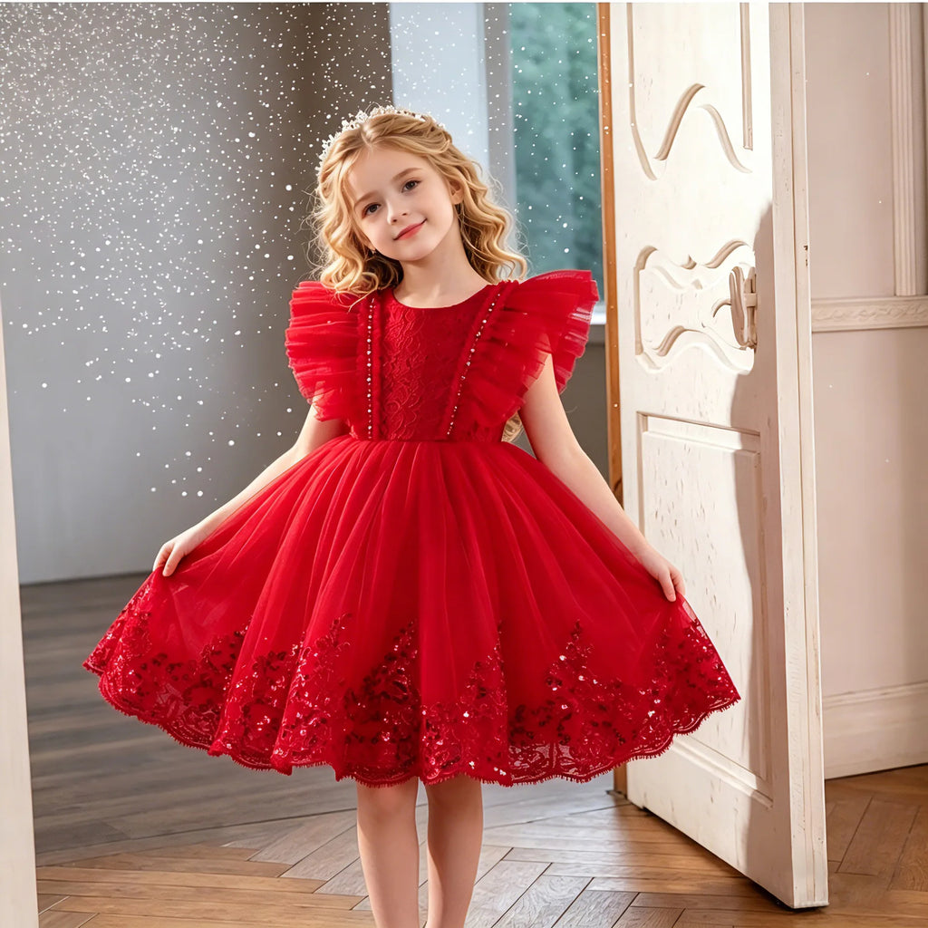 Robes pour filles en tulle rouge et violet, avec fleurs bouffantes et nœud, pour mariage, concours de beauté, fête, robes de première communion