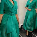 Robe de bureau plissée pour femmes, vêtements d'été élégants, col cranté, demi-manches, ceinture, taille moyenne, nouvelle collection