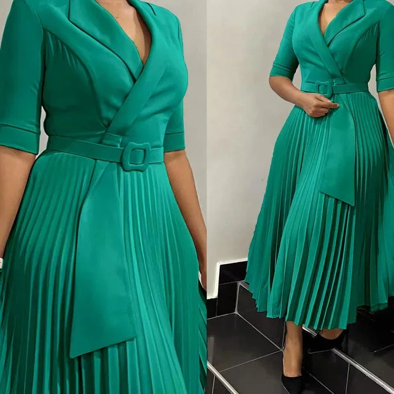 Robe de bureau plissée pour femmes, vêtements d'été élégants, col cranté, demi-manches, ceinture, taille moyenne, nouvelle collection