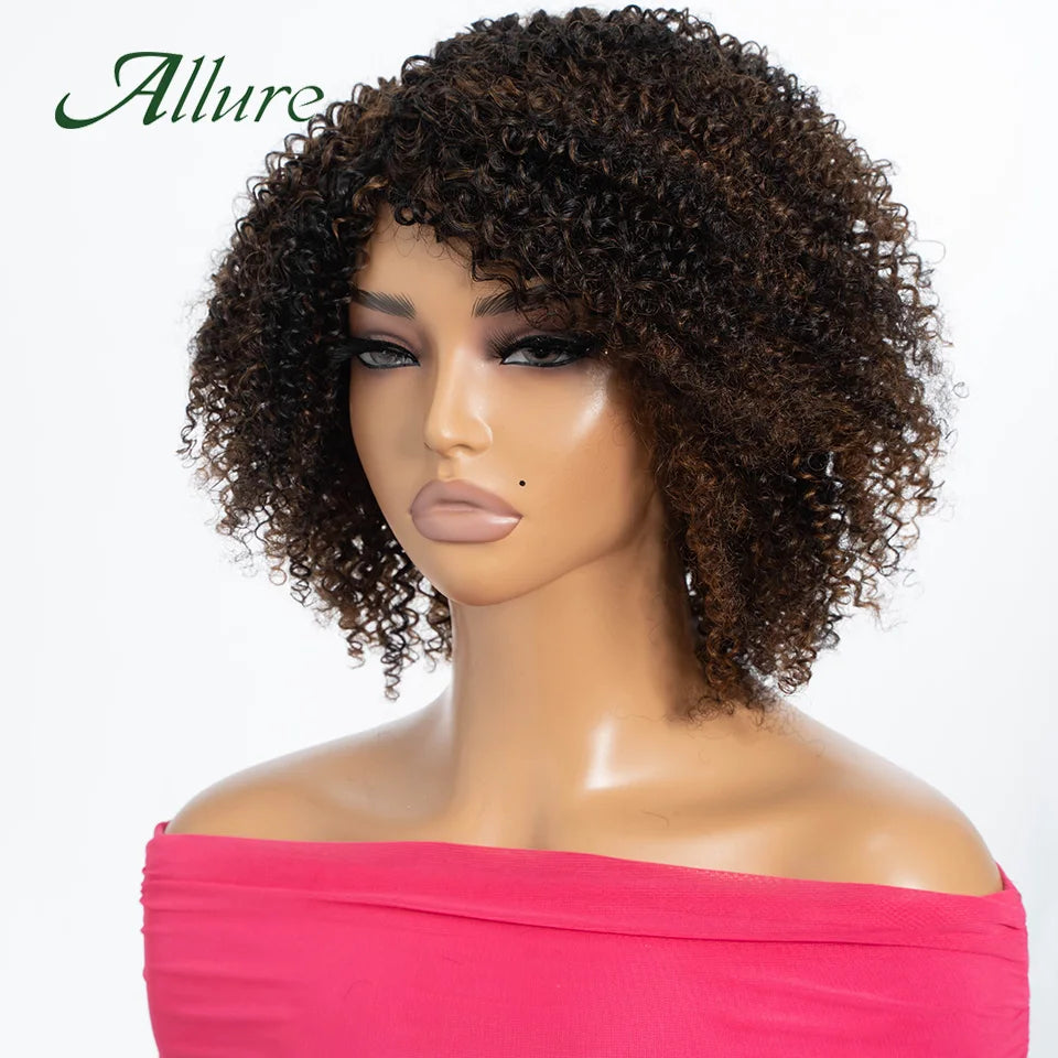 Perruques brésiliennes Jerry Curly en cheveux humains pour femmes, couleur brun foncé, cheveux courts bouclés, perruque sans colle, perruques afro crépues Allure