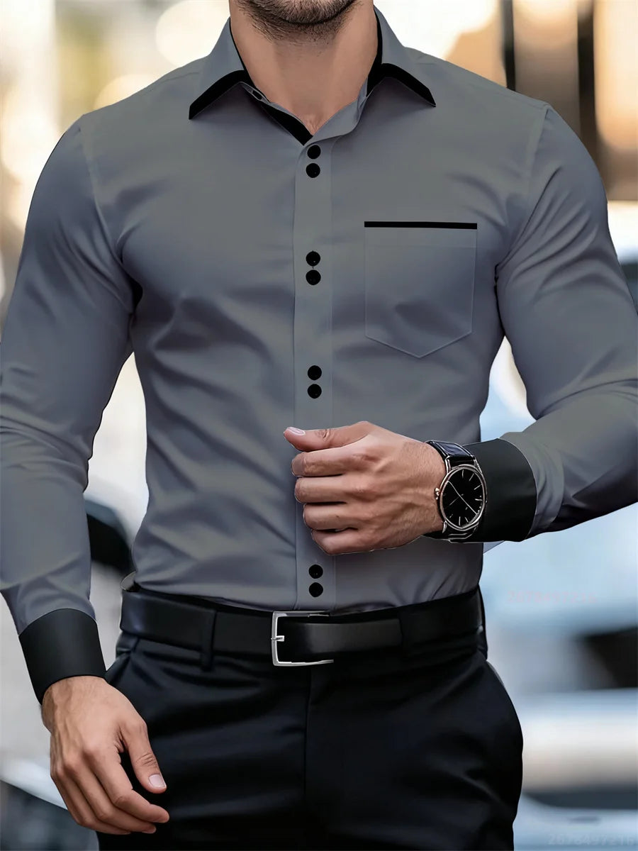 Chemise à manches longues à col bloc de couleur pour hommes d'affaires, coupe ajustée, sans plis, chemise Patchwork noir et blanc, haut tendance pour hommes