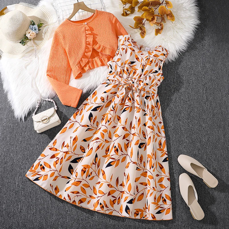 Costumes de vacances décontractés pour enfants, haut orange à manches longues, robe imprimée, vêtements de vacances pour filles, tenues pour enfants