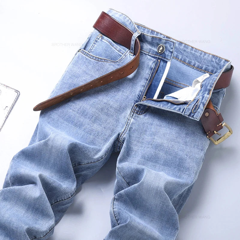 Printemps hommes bleu clair jean mince élégant décontracté tissu extensible Denim pantalon classique pantalon fumée gris