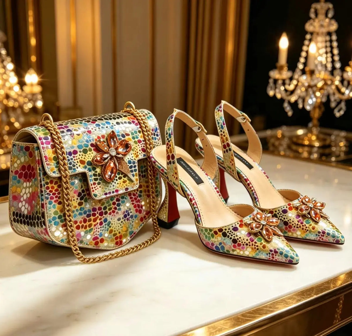 Ensemble élégant de talons à strass et sac assorti Venus Chan, talons carrés à bout pointu imprimés colorés pour les soirées de banquet et les sorties en boîte de nuit
