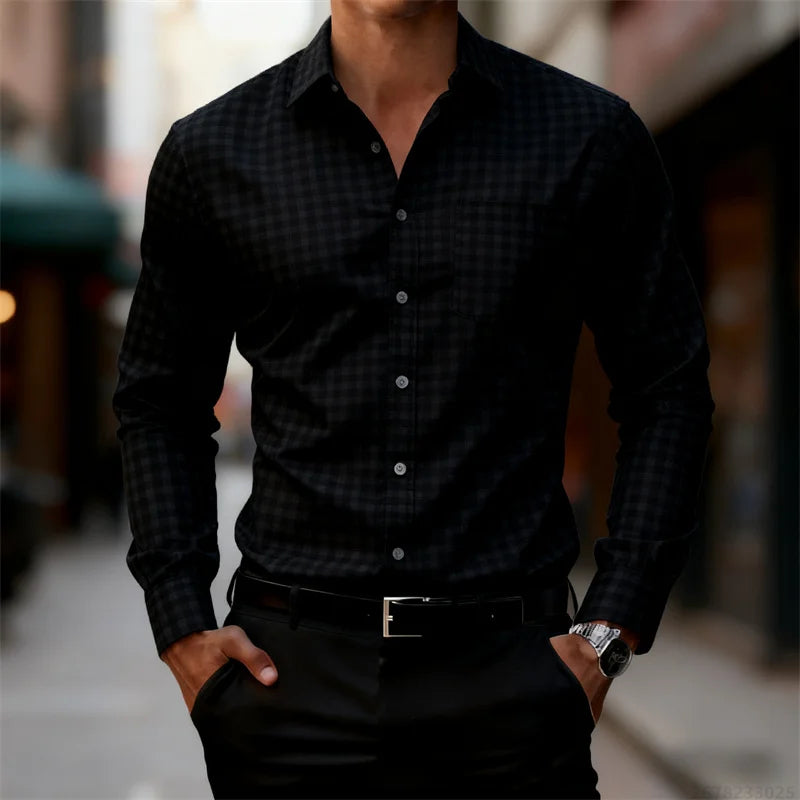2025 Chemise à manches longues à carreaux fins bleu et blanc pour hommes d'affaires décontractée, coupe ajustée, chemise élégante pour hommes, disponible en 11 couleurs