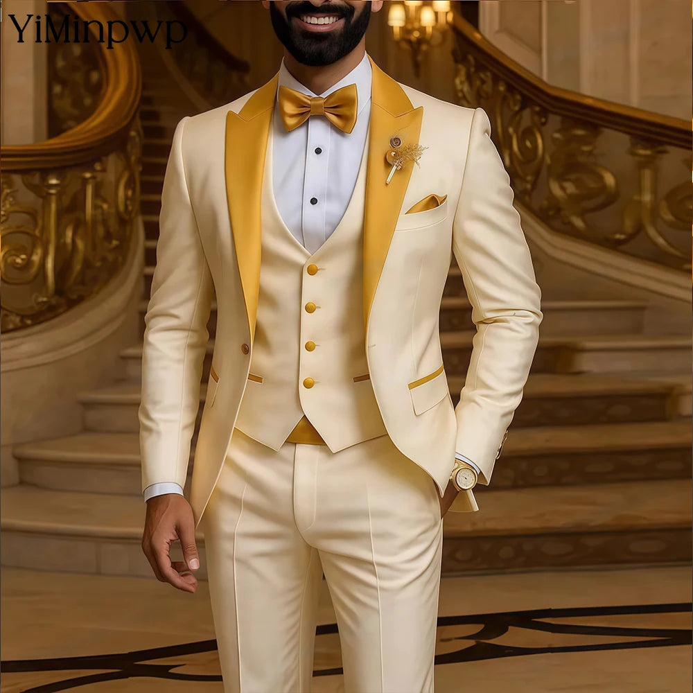 Costume Homme 3 Pièces Revers Pointu Un Bouton Style Italien Champagne pour Mariage Smoking Bal de Promo Coupe Slim Blazer Personnalisé