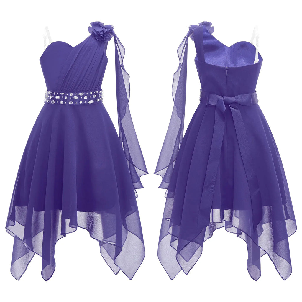 Robe de mariage pour filles de 6 à 16 ans, sans manches, élégante, froncée, avec des appliques, ourlet asymétrique, en mousseline de soie, robes de princesse pour fête d'anniversaire et de bal