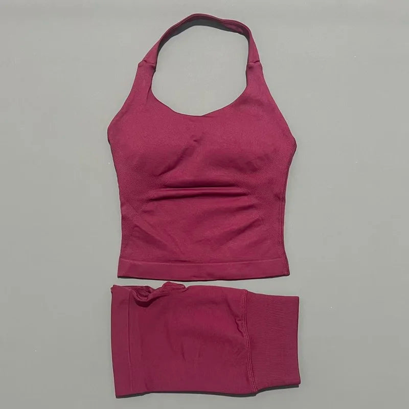 Ensemble de sport 2 pièces pour femme : débardeur long à bretelles rembourré et short de sport sans couture pour le yoga, le fitness et la course à pied