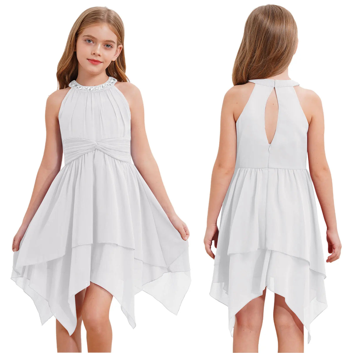 Robes d'été sans manches pour filles, col licou, en mousseline de soie, à volants, robe de soirée de mariage pour demoiselle d'honneur junior, robe irrégulière en Faux diamant