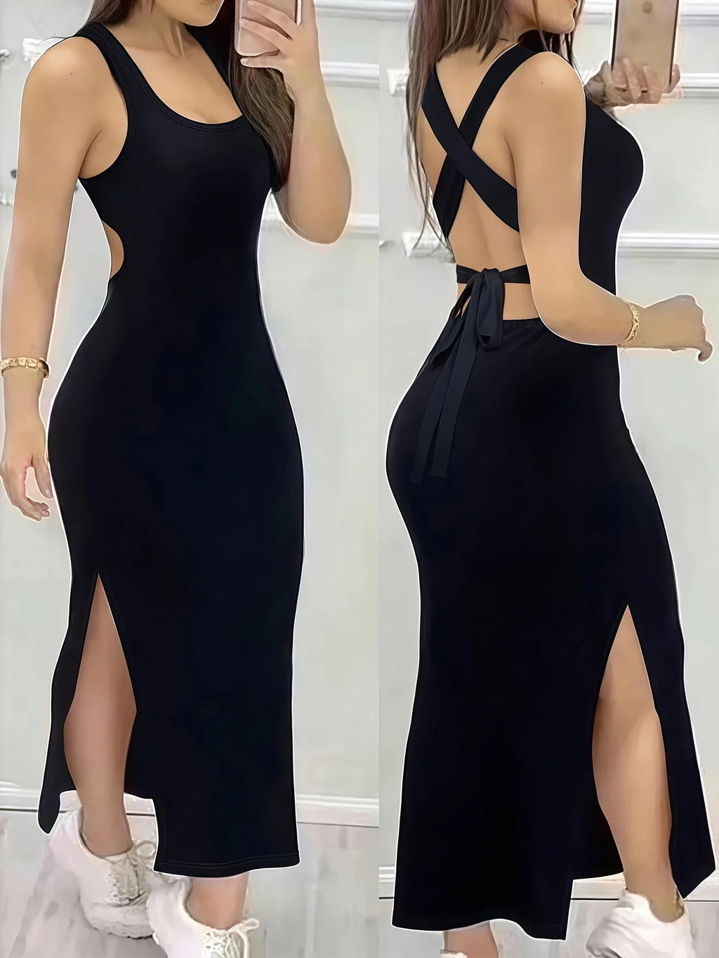 Robe sexy dos nu à bretelles croisées de couleur unie pour femmes, été