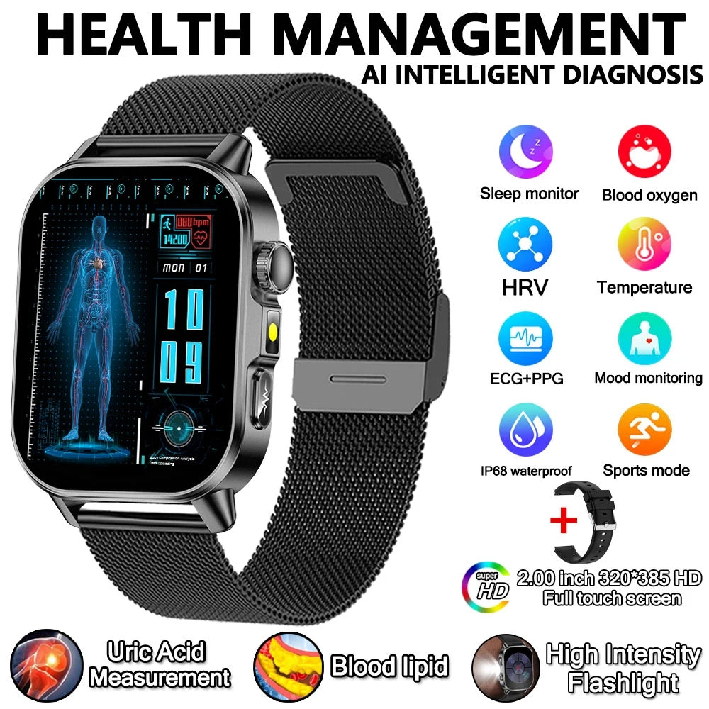 Montre connectée pour hommes et femmes, nouveau modèle d'analyse de la santé des acides uriques et des lipides, ECG + PPG, appel Bluetooth, lampe de poche 2026 pouces, 2.021
