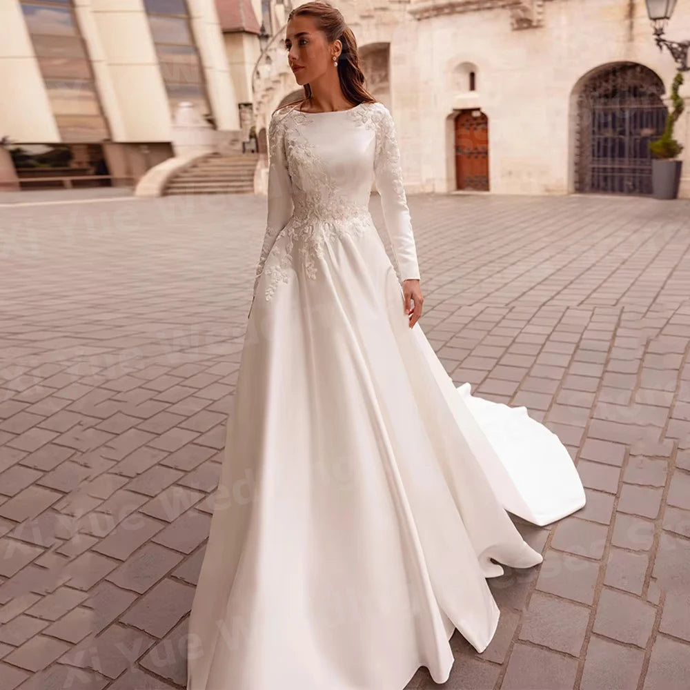 Robe De Mariée élégante ligne A pour femmes, col rond, avec des Appliques, manches longues, en Satin, personnalisée