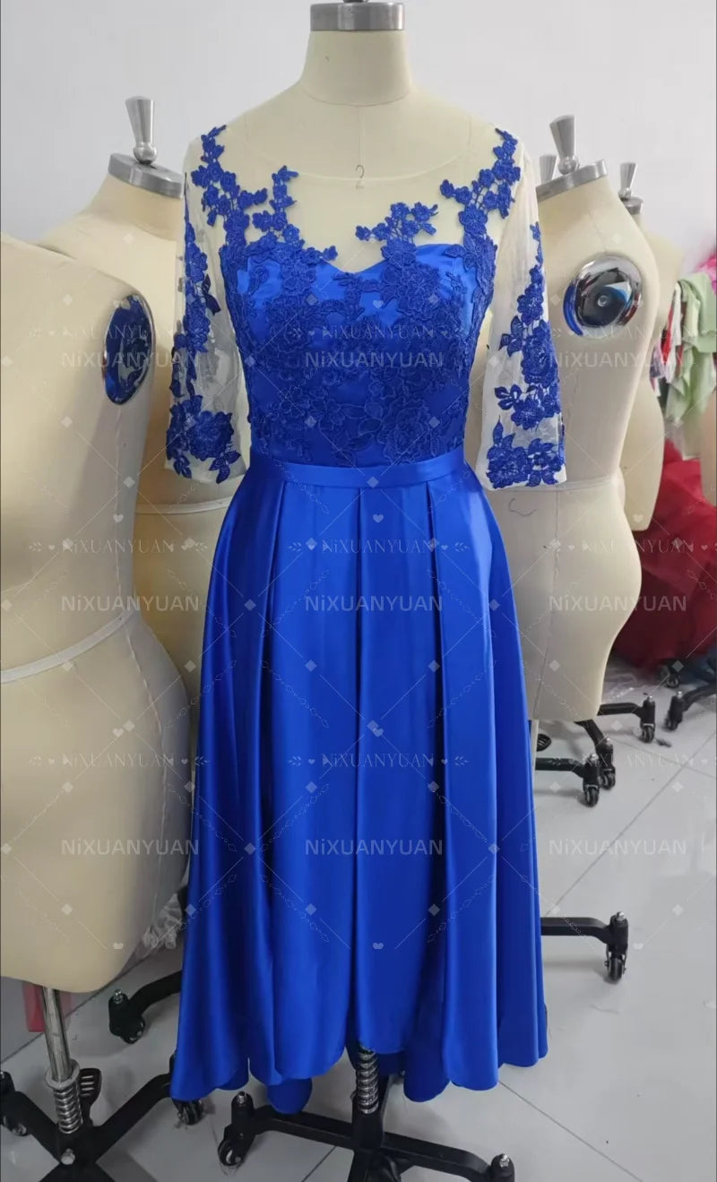 Robe en satin à col en V pour mère de la mariée, robe trapèze élégante longueur thé, devant court, dos long, invité de mariage