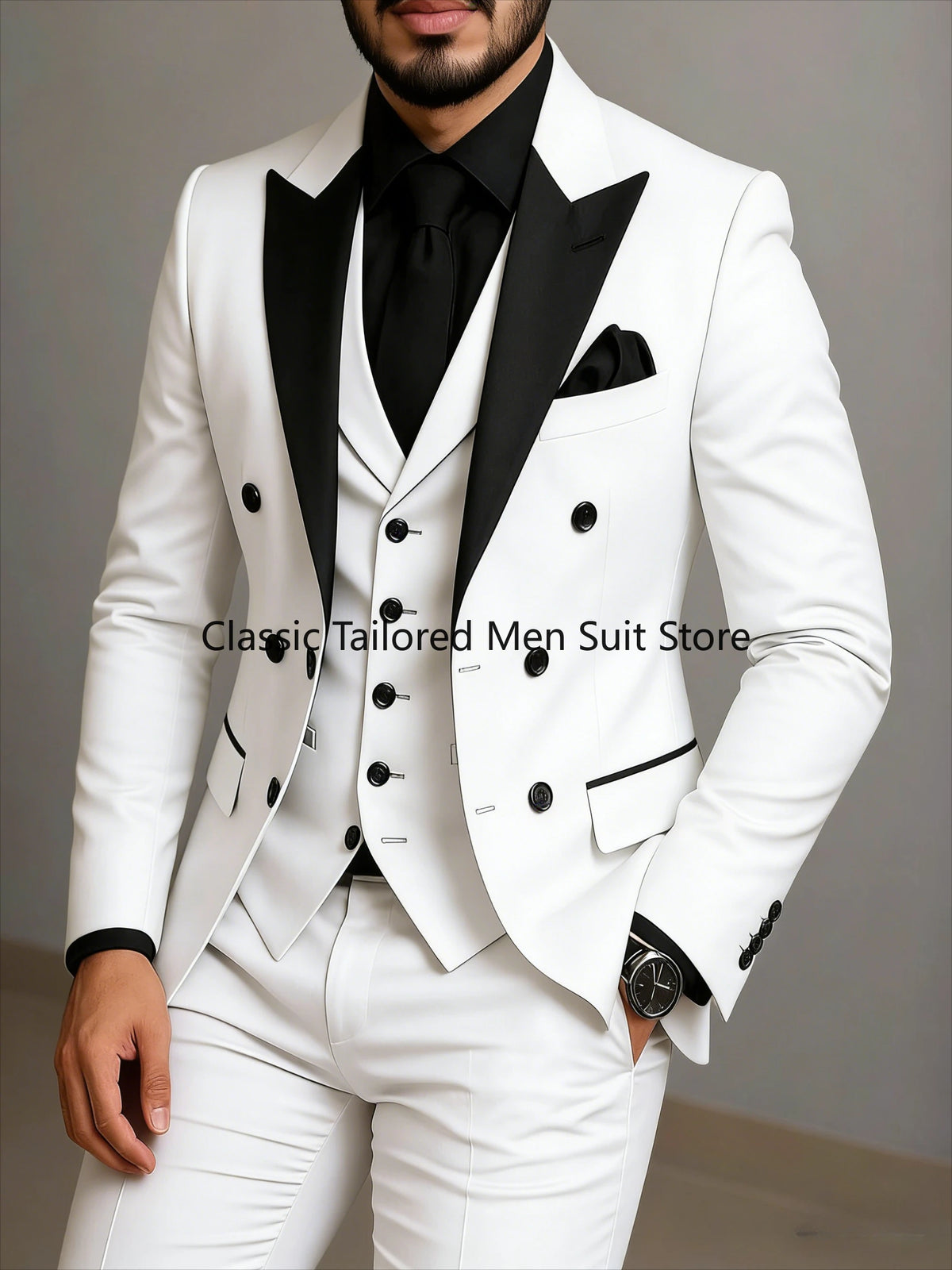 Costume beige à double boutonnage, costume de mariage ajusté à revers noir