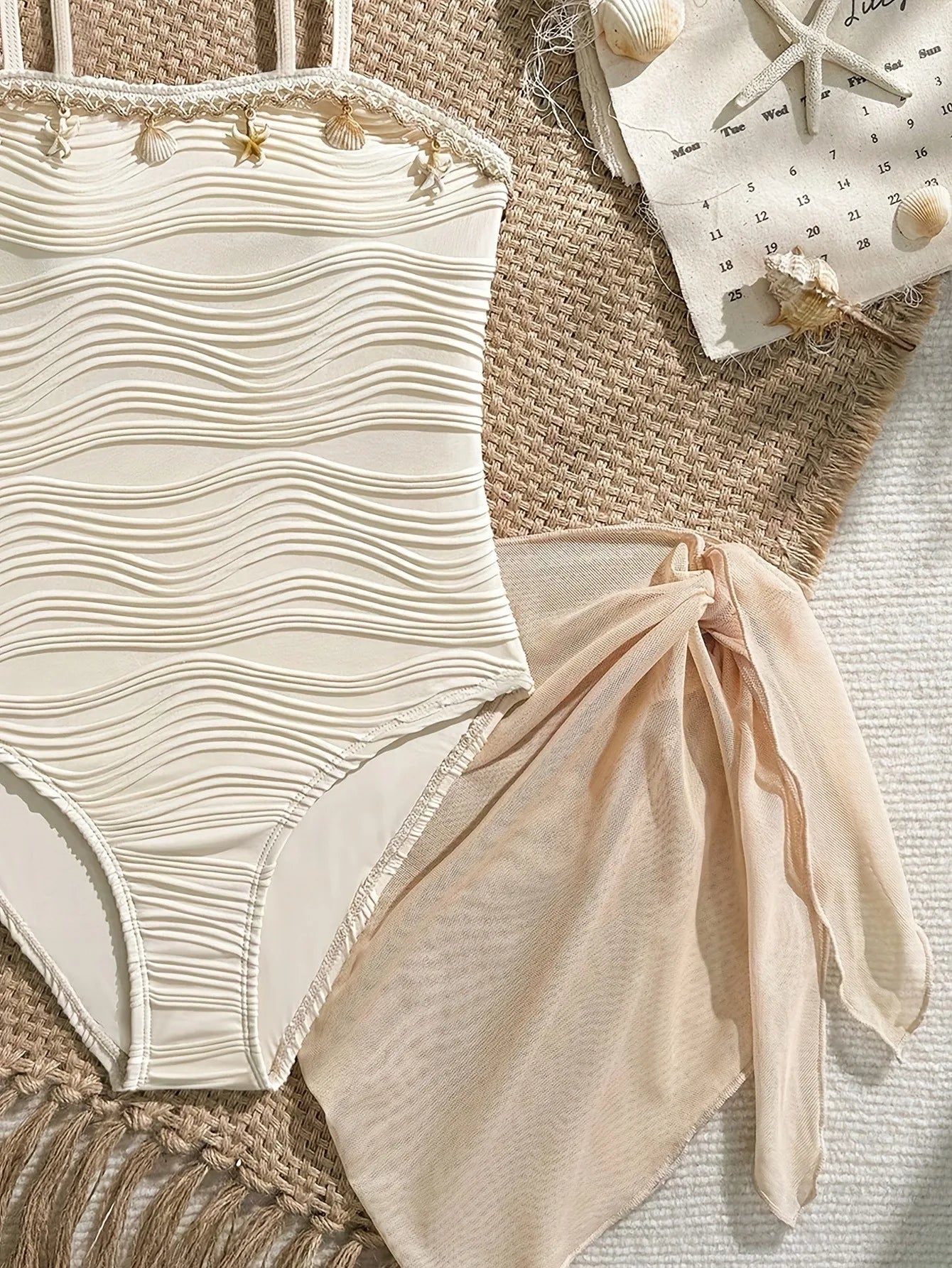 Ensemble 2 pièces pour filles, maillot de bain une pièce texturé ondulé avec décor coquillages et étoiles de mer et paréo de plage transparent