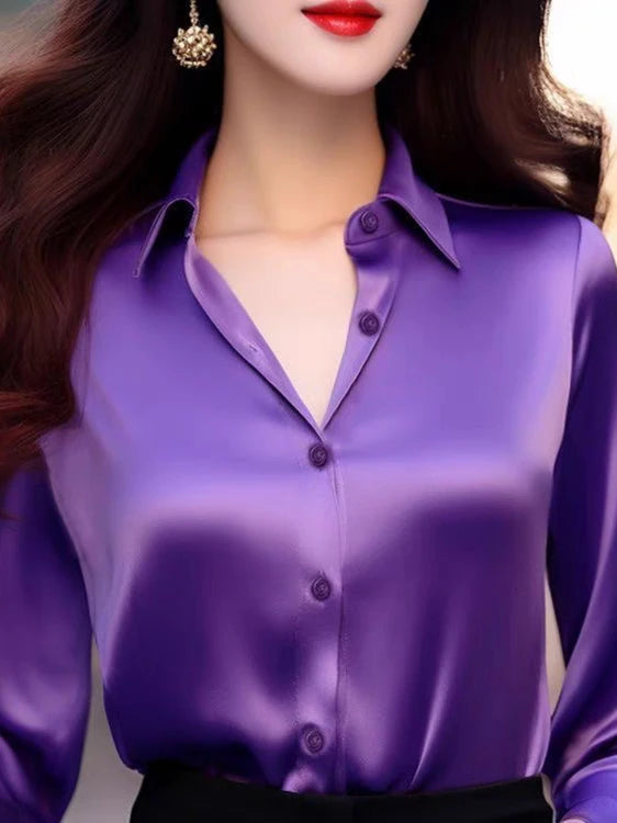 Chemise élégante en satin à manches longues pour femme, idéale pour le bureau, style coréen, coupe ample avec détails boutonnés