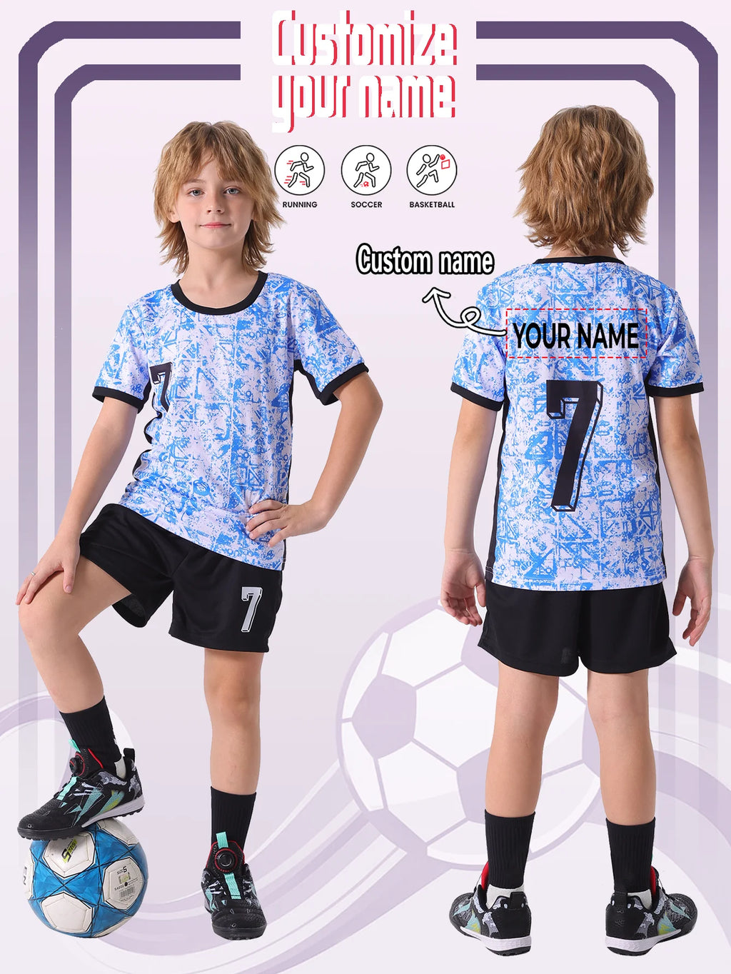 Ensemble d'uniforme de football léger à séchage rapide pour enfants et adolescents, pour le sport en plein air, numéro fixe 7, nom arrière personnalisé