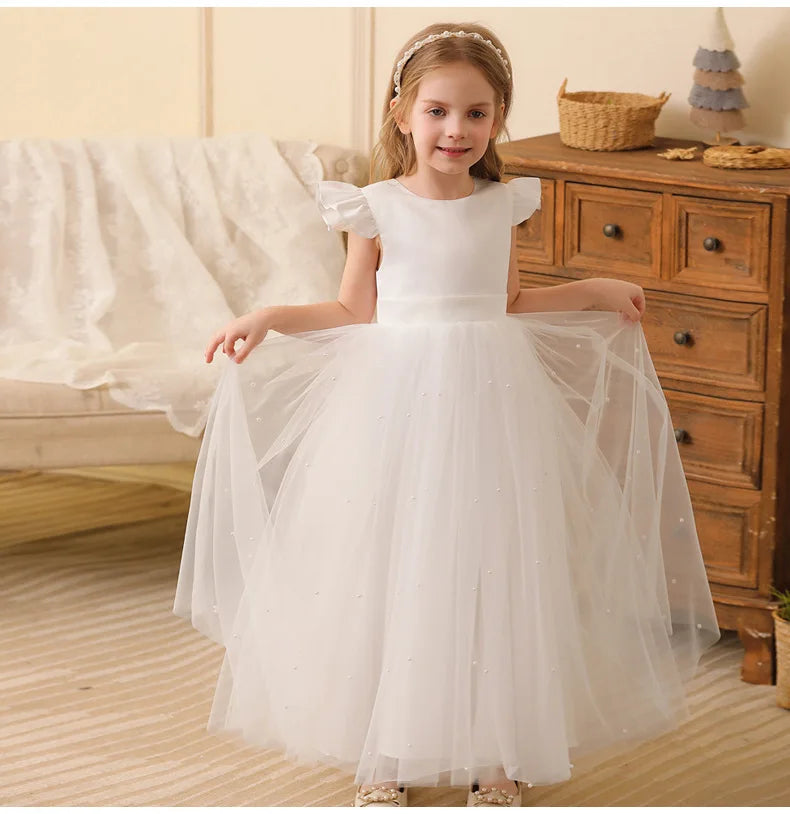 Robe de princesse d'été en tulle à fleurs pour fille, dos nu, avec nœud, pour anniversaire, mariage, piano, fête, ou tenue de cérémonie pour bébé fille