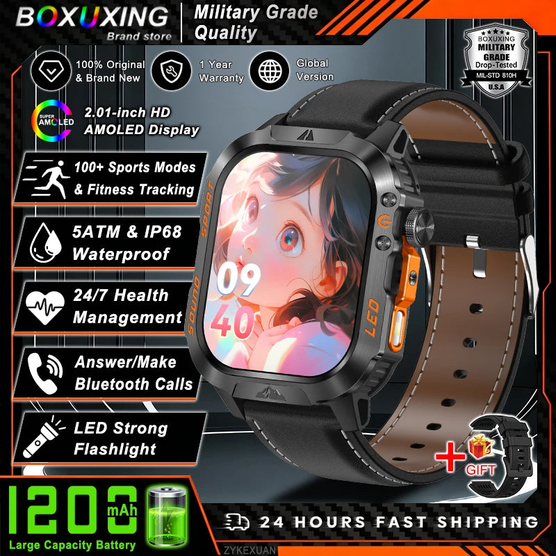 Nouvelle montre connectée militaire 2026 pour hommes, batterie 1200 mAh, étanche 5ATM, suivi d'activité, santé, fréquence cardiaque, compatible iOS et Android