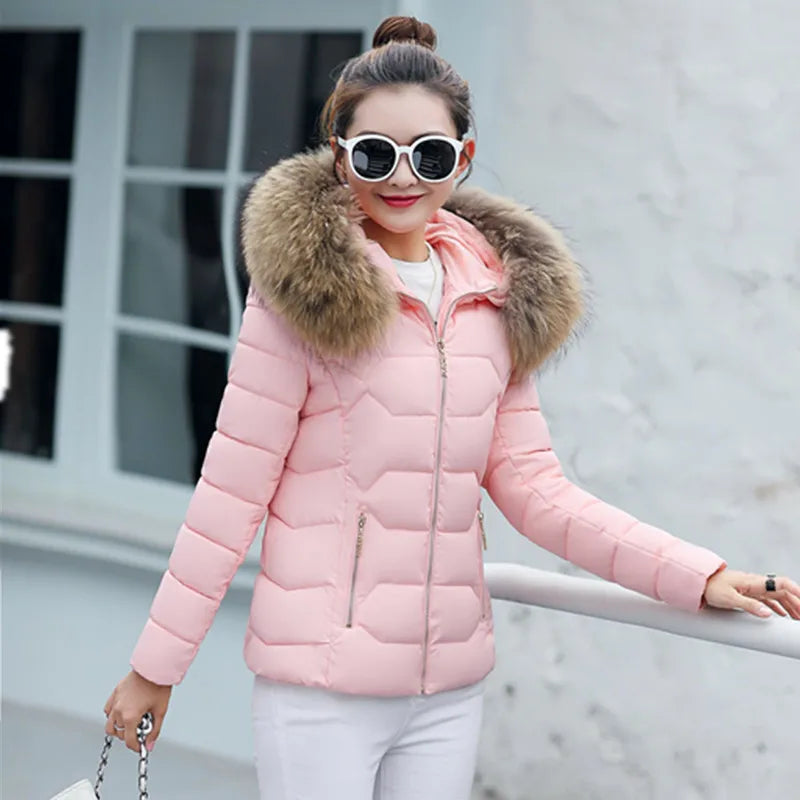 Femmes Parkas court manteau à capuche veste surdimensionné solide grand col de fourrure fermeture éclair manches longues mince épais bureau dame décontracté 2025 hiver