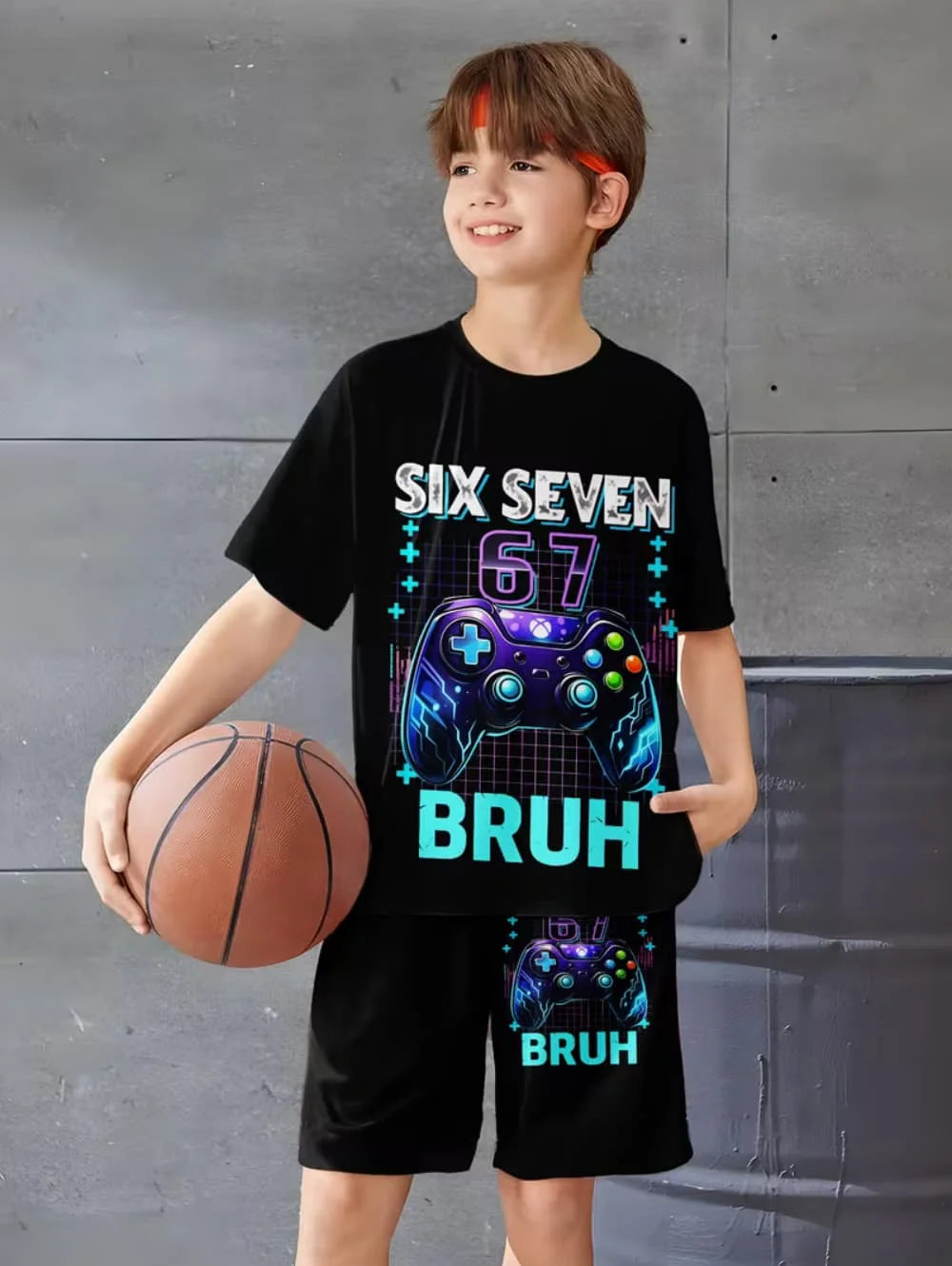 Ensemble 2 pièces pour enfants : T-shirt à manches courtes et short imprimé chiffres 6 et 7, style 'Brainrot' italien amusant, pour garçons