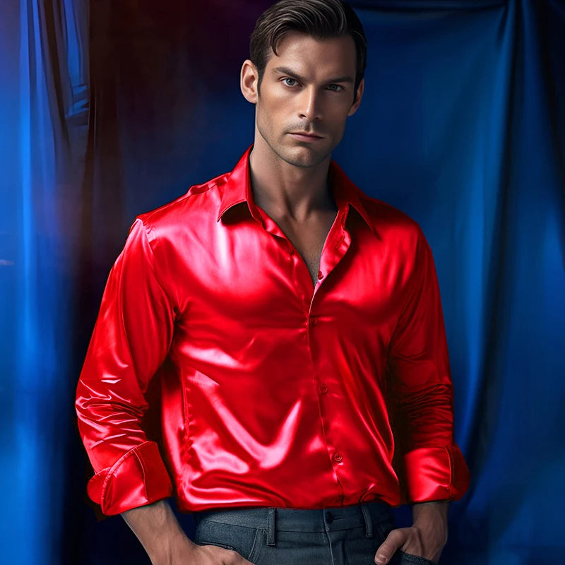 Hommes Satin luxe robe chemises mode soie lisse mâle smoking chemise solide fête de mariage bal chemise décontractée bureau d'affaires