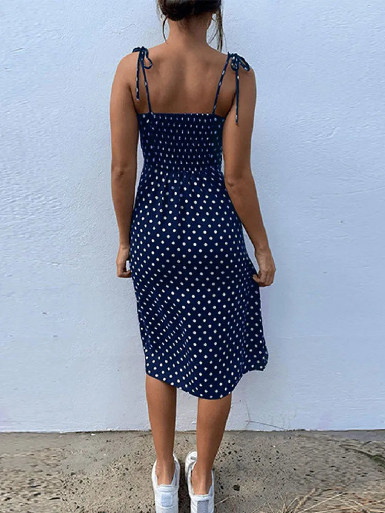 Robes robe d'été femmes casual à pois sans manches haute plissée taille élastique col en v robe De plage robes De Verano