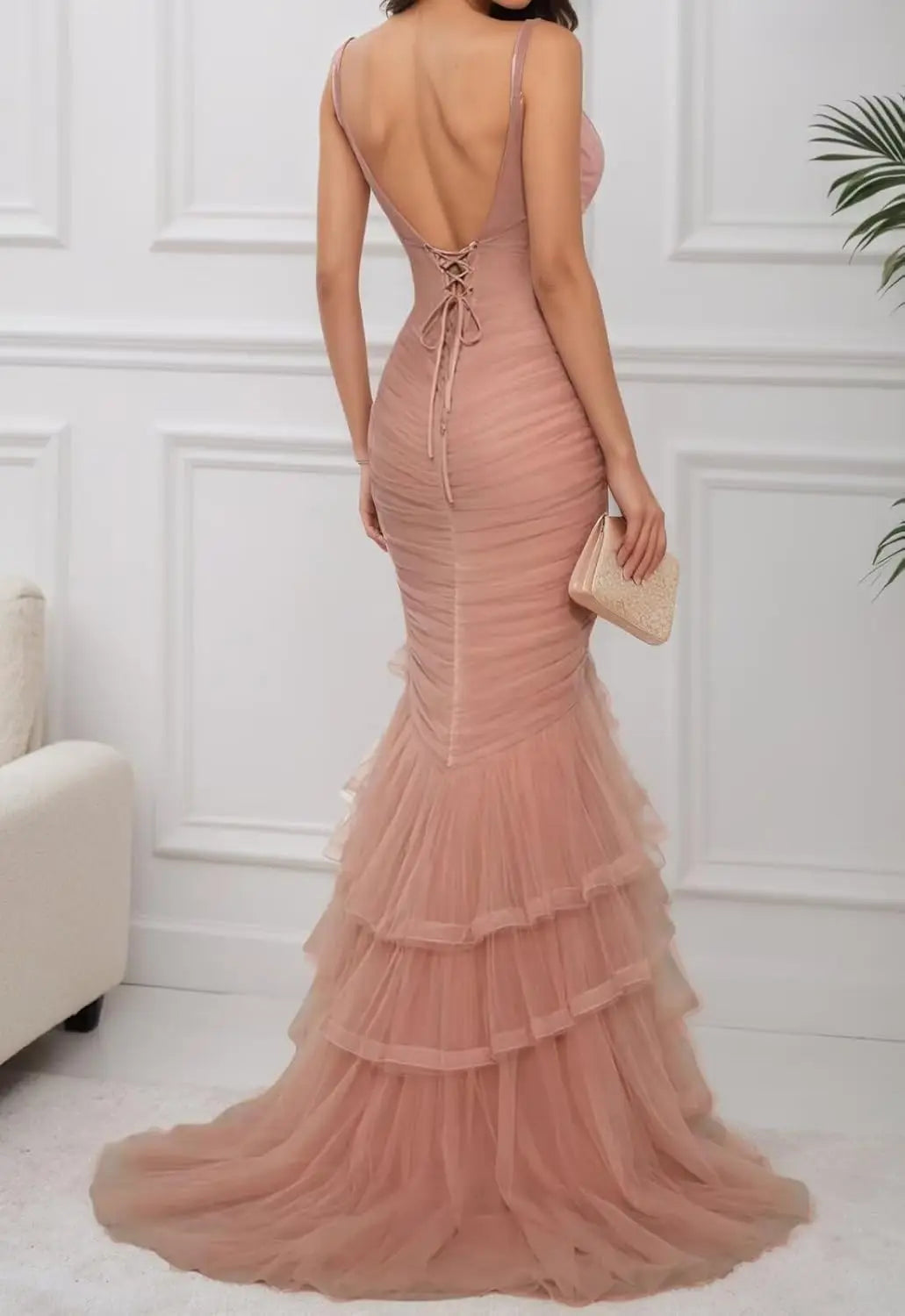 Robe de bal sirène personnalisée en tulle avec bretelles spaghetti, volants étagés, col en V, pour soirée formelle