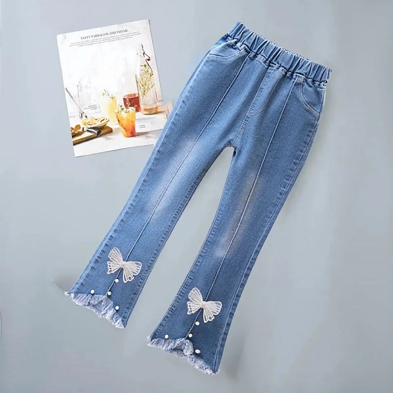 Jeans pour filles de 3 à 12 ans, pantalons longs en dentelle, à la mode, doux, avec nœud coréen, évasé, amples, décontractés, nouvelle collection 2024