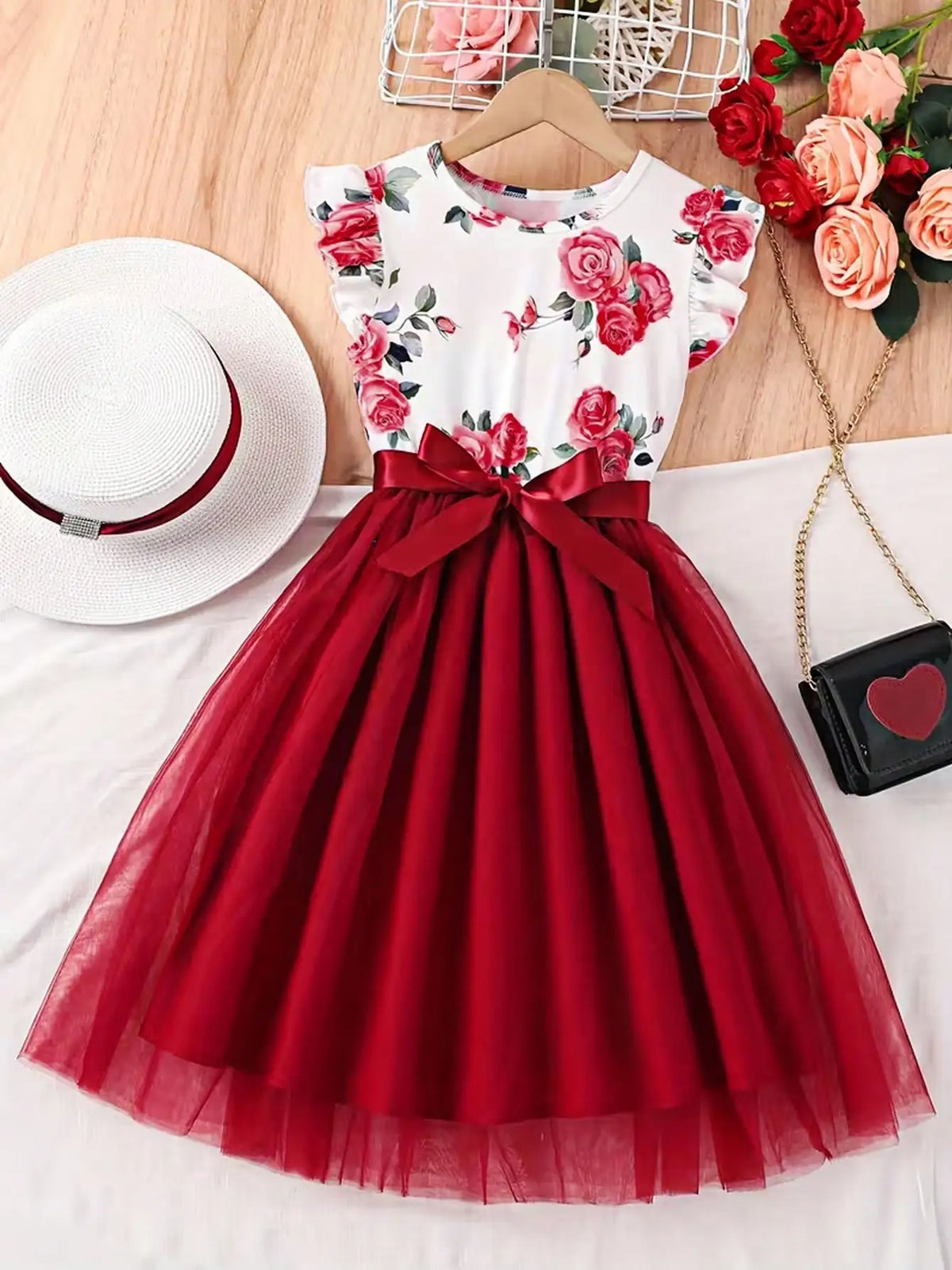 Robe décontractée à manches courtes pour fille, motif floral patchwork, couleur unie, col rond, cadeau d'été