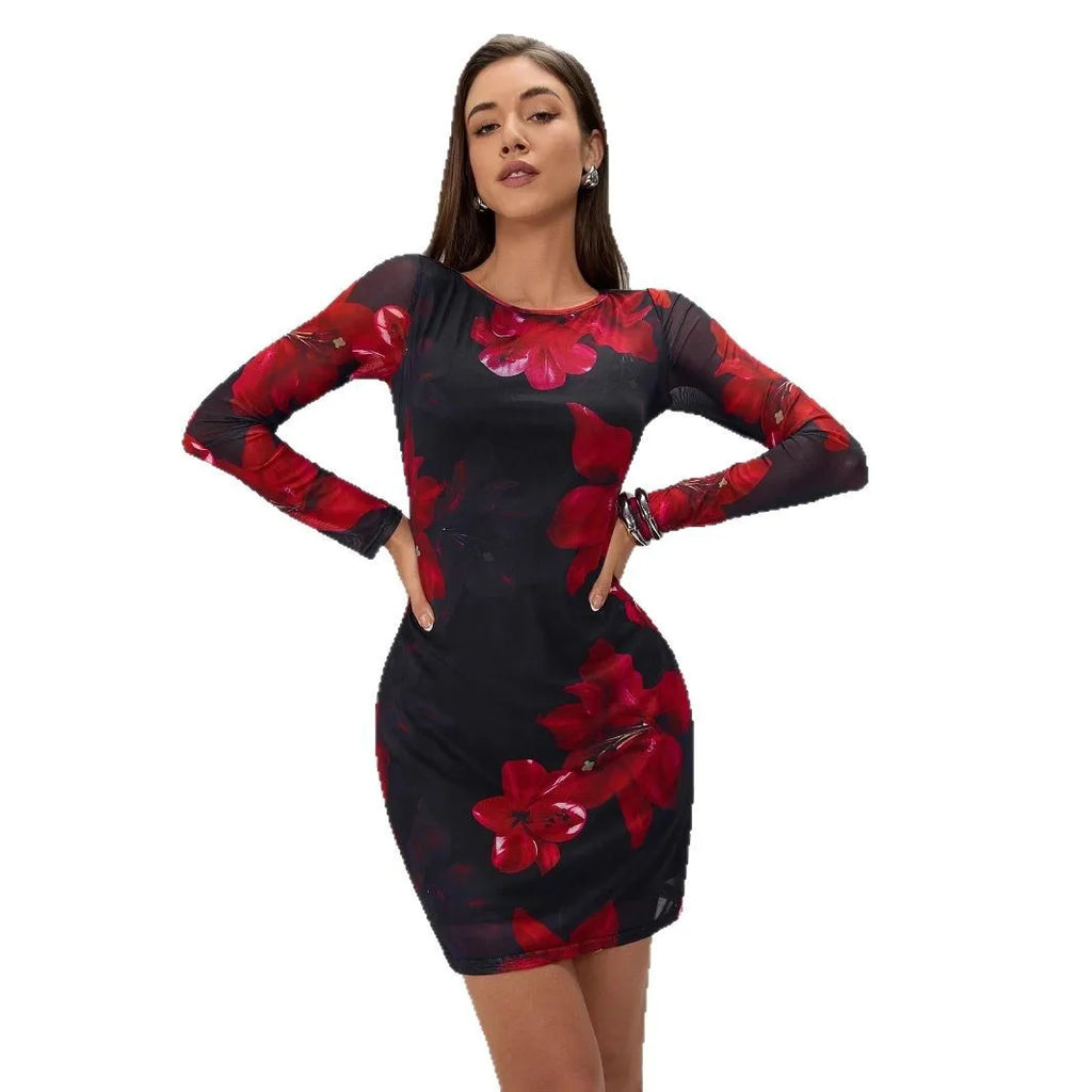 Mini-jupe moulante sexy pour femme, à manches longues, imprimé floral, col rond, en maille, pour soirée, club ou rendez-vous, collection automne