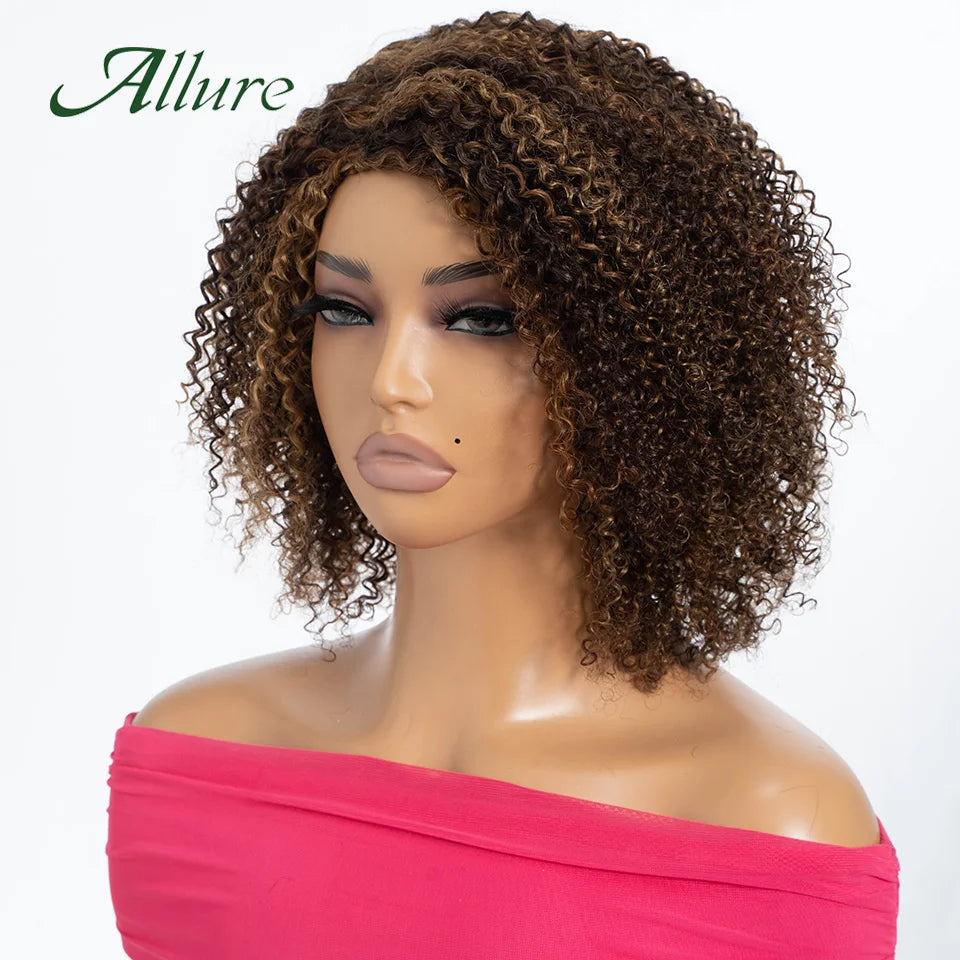 Perruques brésiliennes Jerry Curly en cheveux humains pour femmes, couleur brun foncé, cheveux courts bouclés, perruque sans colle, perruques afro crépues Allure