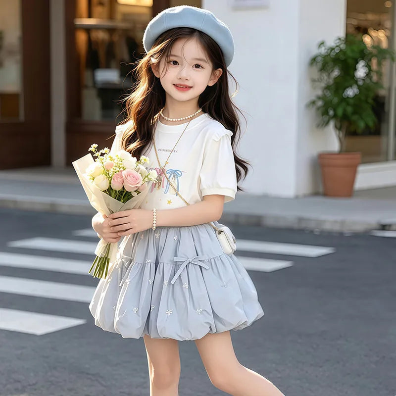 Ensemble 2 pièces été 2026 pour filles, tenue enfant adolescente, t-shirt ample à manches courtes avec nœud + jupe tutu, pour 4, 5, 8, 9, 10, 11, 12 ans