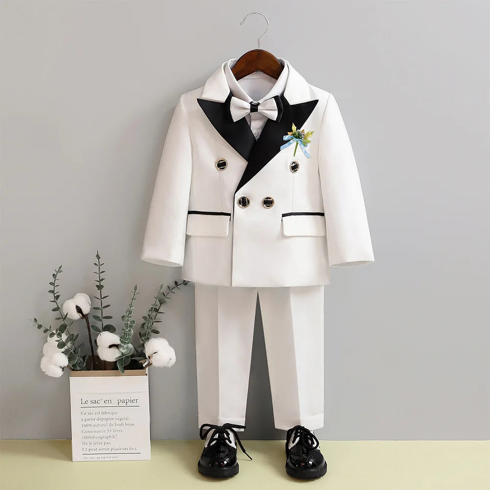 Costume de mariage blanc pour enfants, 3 pièces, veste, pantalon, Botwtie, costume de photographie, fleur, robe de soirée de smoking d'anniversaire pour garçons