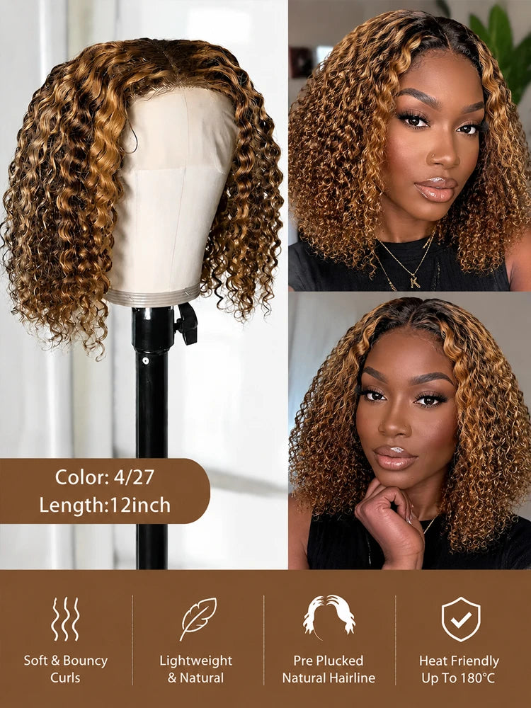 Perruque Courte Bouclée Bob 427 Cheveux Humains Ondulés Profonds Densité 260 avec Fermeture en Dentelle HD 5x5 pour Femmes Noires Prête à Porter Sans Colle
