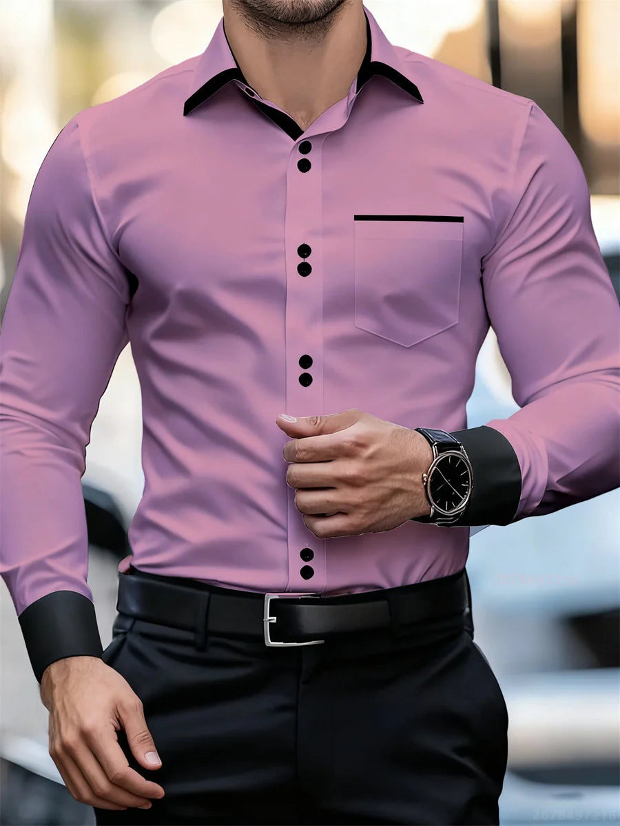 Chemise à manches longues à col bloc de couleur pour hommes d'affaires, coupe ajustée, sans plis, chemise Patchwork noir et blanc, haut tendance pour hommes