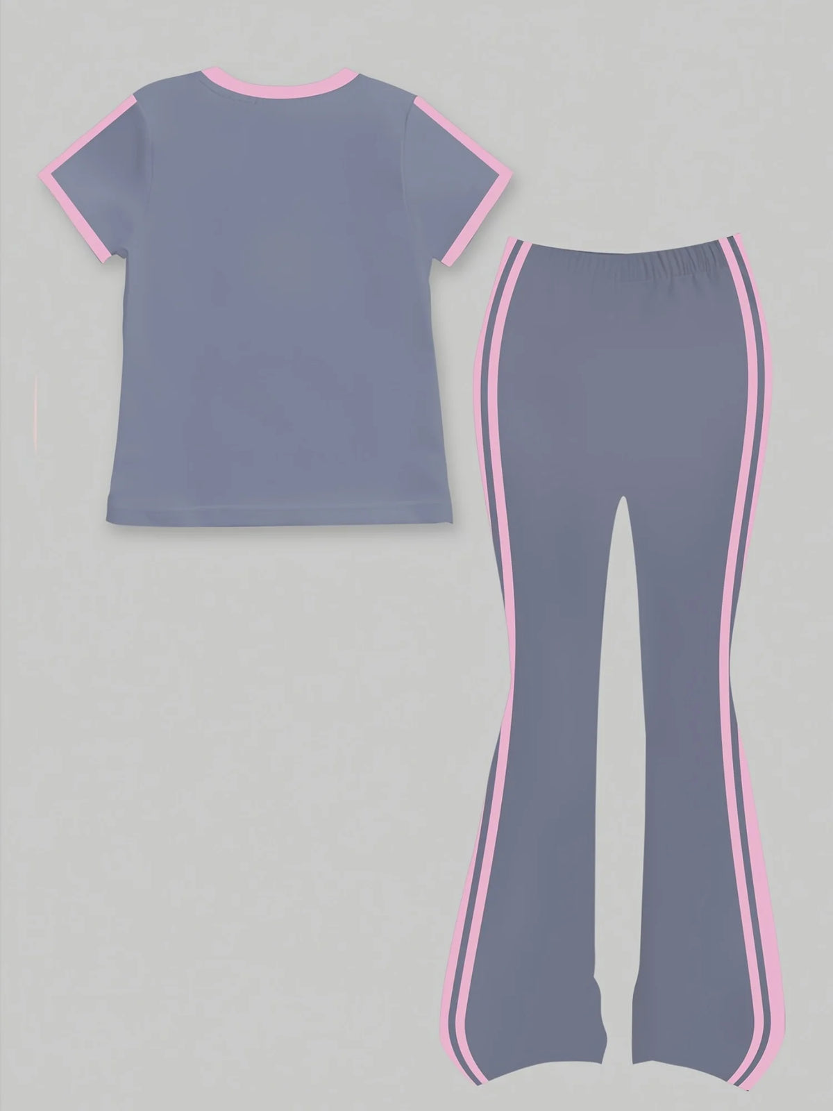 Tenue d'été décontractée pour filles : T-shirt à manches courtes imprimé nœud + pantalon long évasé, ensemble deux pièces avec bordure rose et imprimé nœud, tendance et polyvalent, adapté aux filles de 4 à 12 an